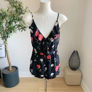Forever 21 Black Floral Romper Ruffle Tie Back Summer S